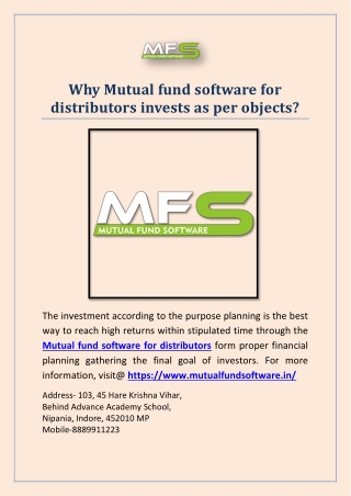 Why Mutual fund software for distributors invests as per objects