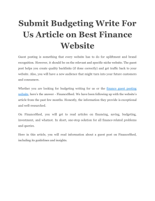 Submit Budgeting Write For Us Article on Best Finance Website