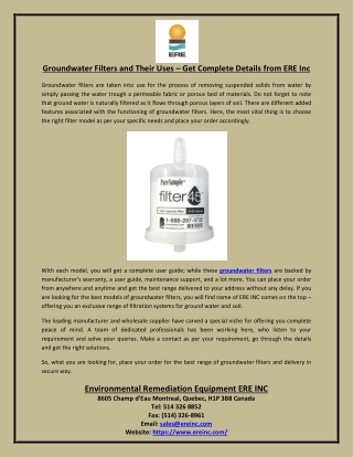 Groundwater Filters and Their Uses – Get Complete Details from ERE Inc