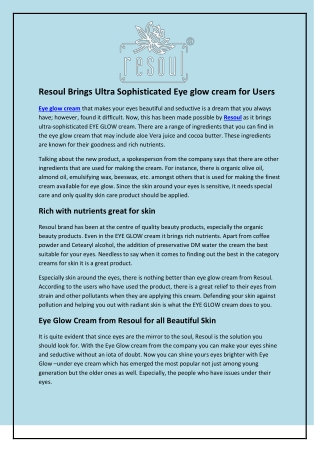 Resoul Brings Ultra Sophisticated Eye glow cream for Users