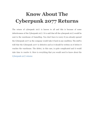 Know About The Cyberpunk 2077 Returns