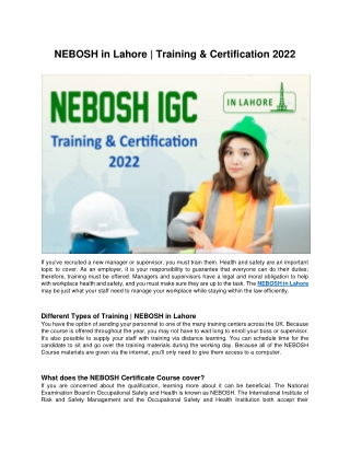 NEBOSH in Lahore - Training & Certification 2022