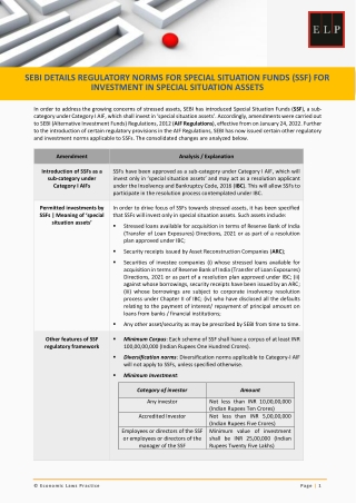 ELP Update - SEBI Details Regulatory Norms for Special Situation Assets