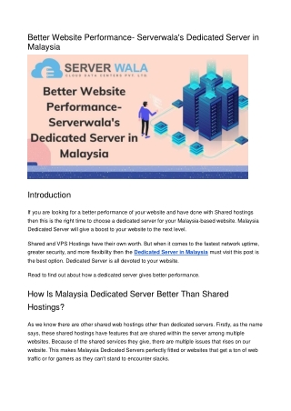 Better Website Performance- Serverwala's Dedicated Server in Malaysia