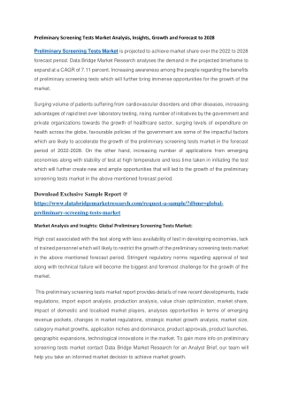 Preliminary Screening Tests Market Analysis, Insights, Growth and Forecast to 2028