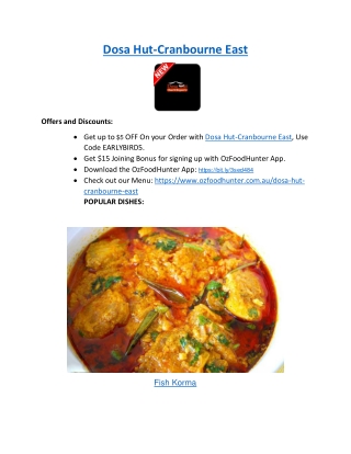 5% off - Dosa Hut Cranbourne East Indian Restaurant Menu, VIC