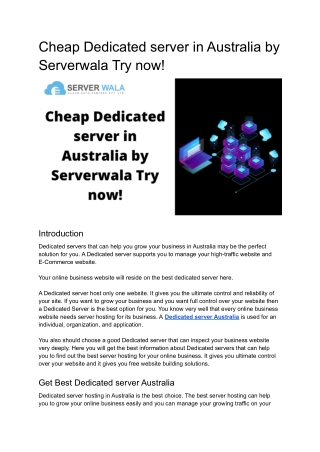 Cheap Dedicated server in Australia by Serverwala Try now