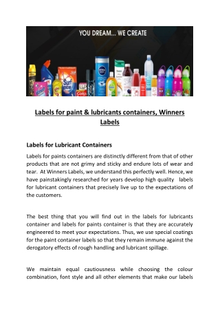 Labels for paint & lubricants containers  Winners Labels