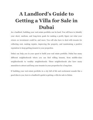 A Landlord’s Guide to Getting a Villa for Sale in Dubai