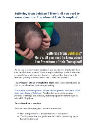 SUFFERING FROM BALDNESS? HERE’S ALL YOU NEED TO KNOW ABOUT THE PROCEDURE OF HAIR