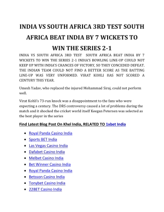 INDIA VS SOUTH AFRICA 3RD TEST  SOUTH AFRICA BEAT INDIA BY 7 WICKETS TO WIN THE SERIES 2-1