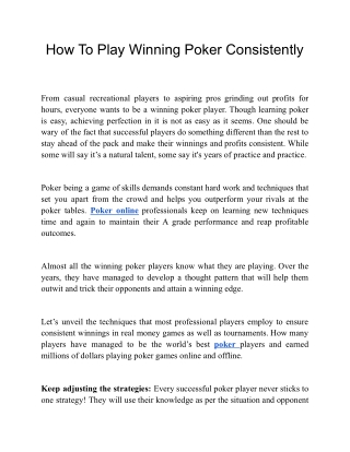 How To Play Winning Poker Consistently