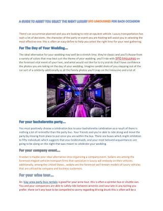 A GUIDE TO ASSIST YOU SELECT THE RIGHT LUXURY SFO LIMOUSINE FOR EACH OCCASION