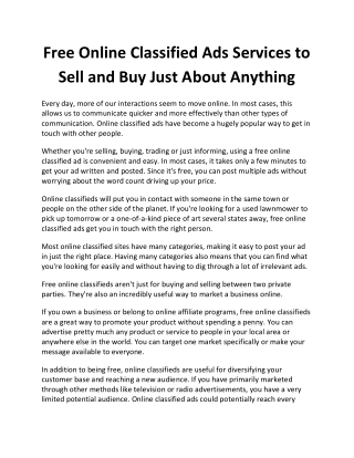 Free Online Classified Ads Services to Sell And Buy Just About Anything