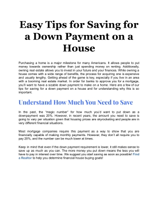 Easy Tips for Saving for a Down Payment on a House