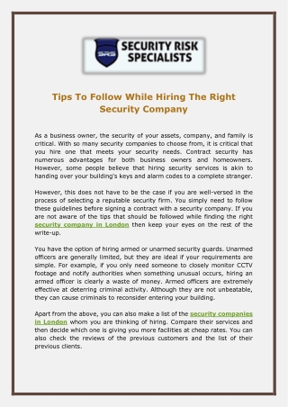 Tips To Follow While Hiring The Right Security Company