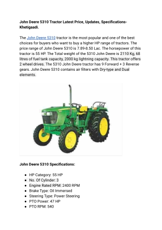 John Deere 5310 Tractor Latest Price, Updates, and Specifications- Khetigaadi.