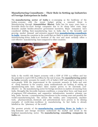Manufacturing Consultants – Their Role in Setting up Industries of Foreign Enterprises in India