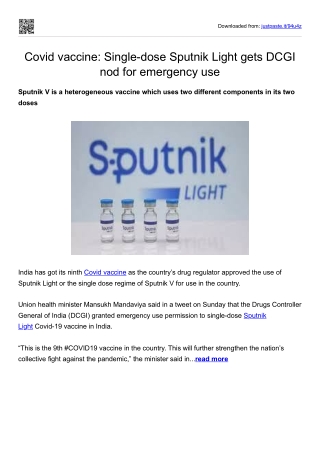 Covid vaccine_Single-dose Sputnik Light gets DCGI nod for emergency use