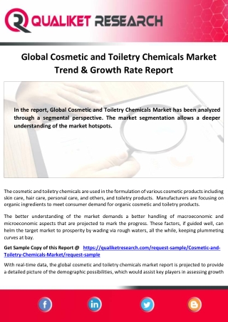 Global Cosmetic and Toiletry Chemicals Market  Growing Demands, Supply , Future