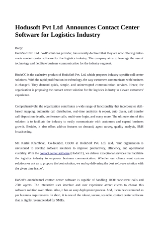 Hodusoft Pvt. Ltd. Announces Contact Center Software for Logistics Industry