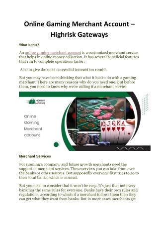 Online Gaming Merchant Account- Highrisk Gateways