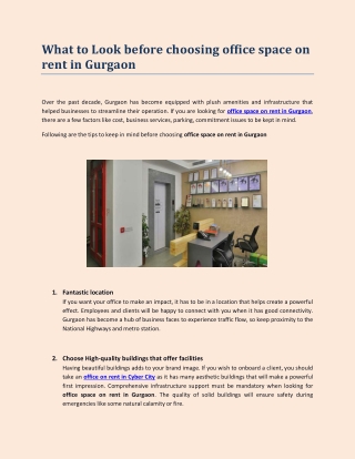 What to Look before choosing office space on rent in Gurgaon