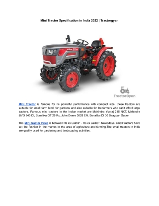 Mini Tractor Specification in India 2022 | Tractorgyan