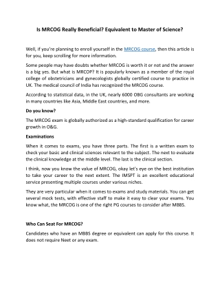 Is MRCOG Really Beneficial, Equivalent to Master of Science