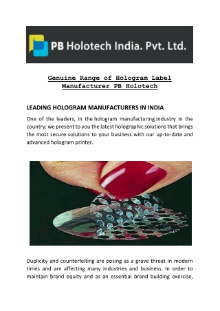 Genuine Range of Hologram Label Manufacturer  PB Holotech