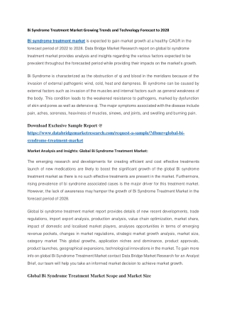 Bi Syndrome Treatment Market Growing Trends and Technology Forecast to 2028