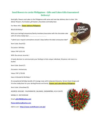 Send flowers to cavite Philippines - Gifts and Cakes Gifts Guaranteed Delivery!