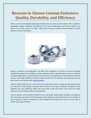 Reasons to Choose Custom Fasteners: Quality, Durability, and Efficiency