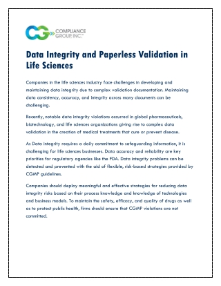 Data Integrity and Paperless Validation in Life Sciences