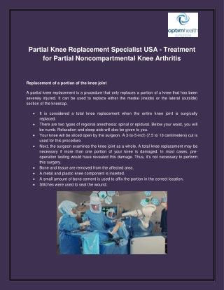 Partial Knee Replacement Specialist USA - Treatment for Partial Noncompartmental Knee Arthritis