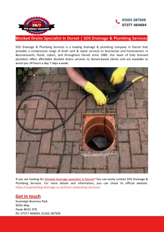 Blocked Drains Specialist in Dorset