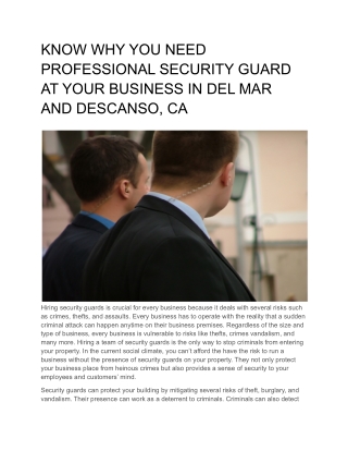 KNOW WHY YOU NEED PROFESSIONAL SECURITY GUARD AT YOUR BUSINESS IN DEL MAR AND DESCANSO, CA