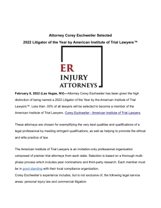 Corey Eschweiler Selected 2022 Litigator of the Year by American Institute of Tr