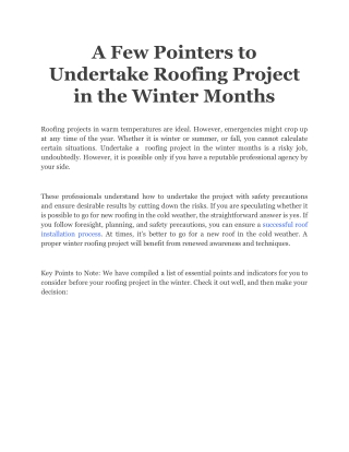 A Few Pointers to Undertake Roofing Project in the Winter Months