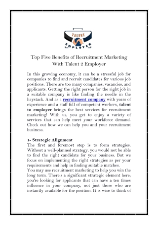 Top Five Benefits of Recruitment Marketing With Talent 2 Employer