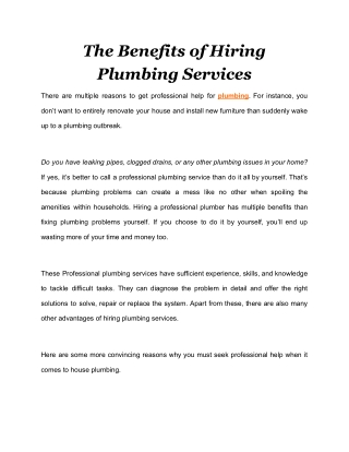 The Benefits of Hiring Plumbing Services