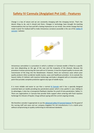Safety IV Cannula (Angiplast Pvt Ltd) - Features