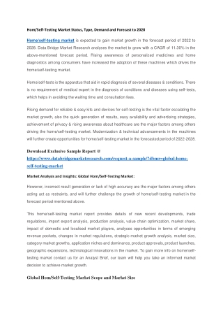 Hom-Self-Testing Market Status, Type, Demand and Forecast to 2028