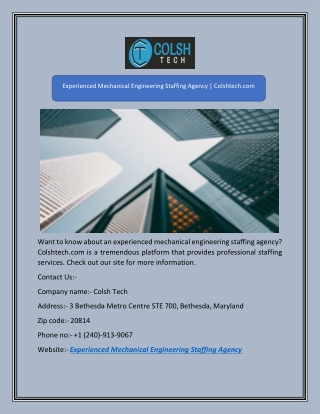 Experienced Mechanical Engineering Staffing Agency | Colshtech.com