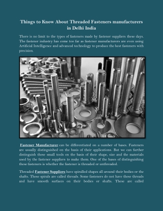 Things to Know About Threaded Fasteners manufacturers in Delhi India