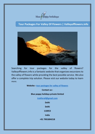 Tour Packages For Valley Of Flowers Valleyofflowers.info