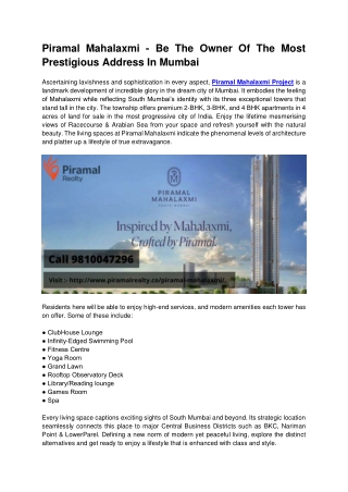 Piramal Mahalaxmi - Be The Owner Of The Most Prestigious Address In Mumbai