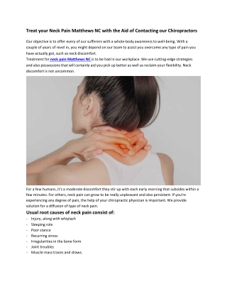 Treat your Neck Pain Matthews NC with the Aid of Contacting our Chiropractors