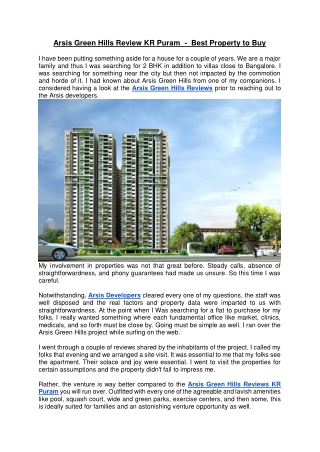 Arsis Green Hills Review KR Puram  -  Best Property to Buy