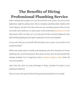 The Benefits of Hiring Professional Plumbing Service
